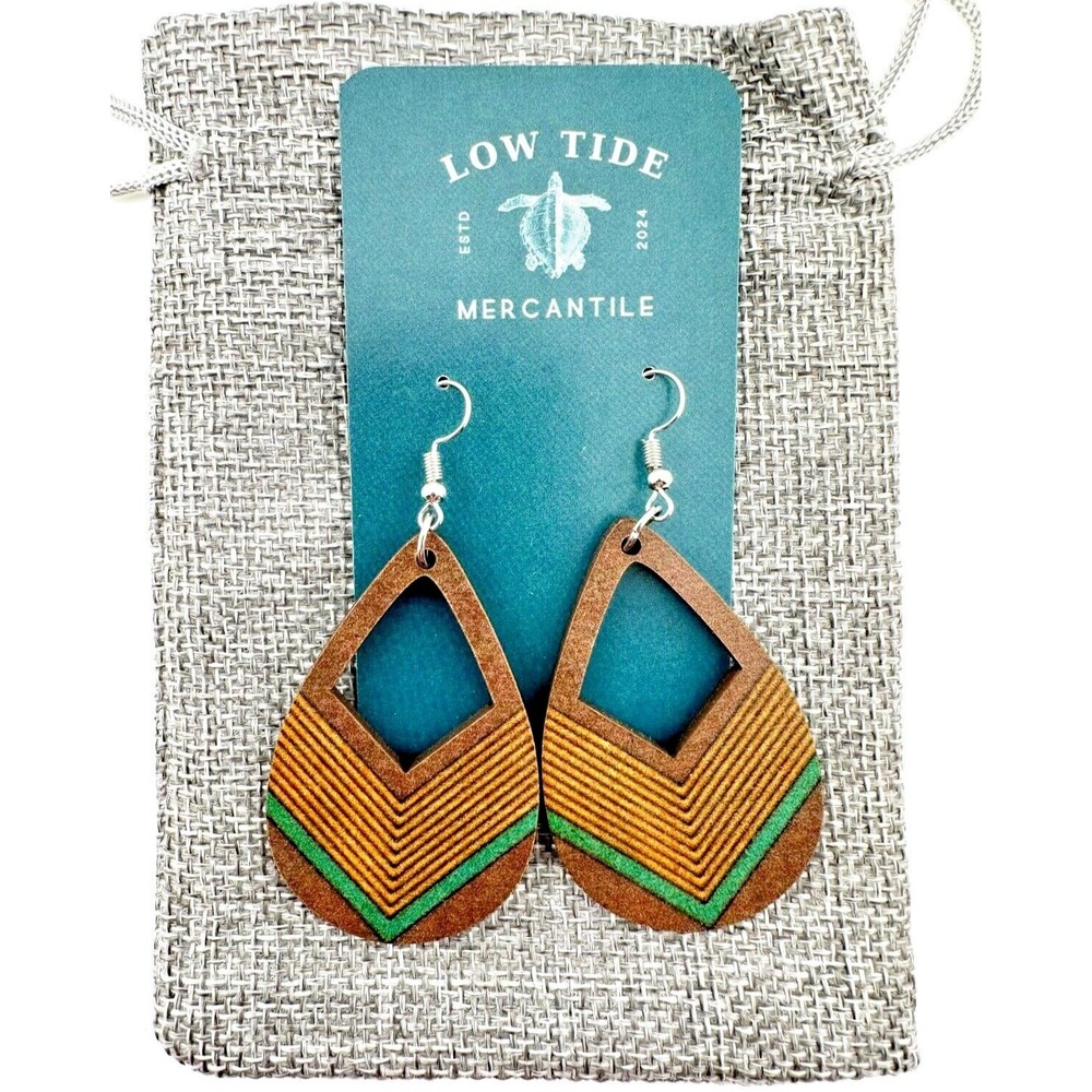 Retro Chevron Teardrop Earrings Yellow & Green Cut-Out Wood NEW